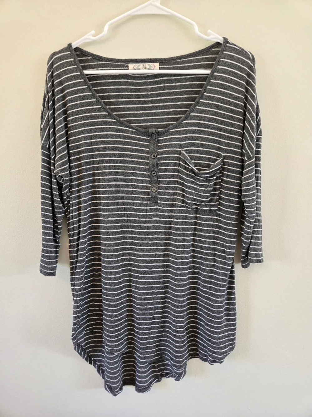 Pink Rose Charcoal Gray Striped Henley Top 3/4 Sleeve